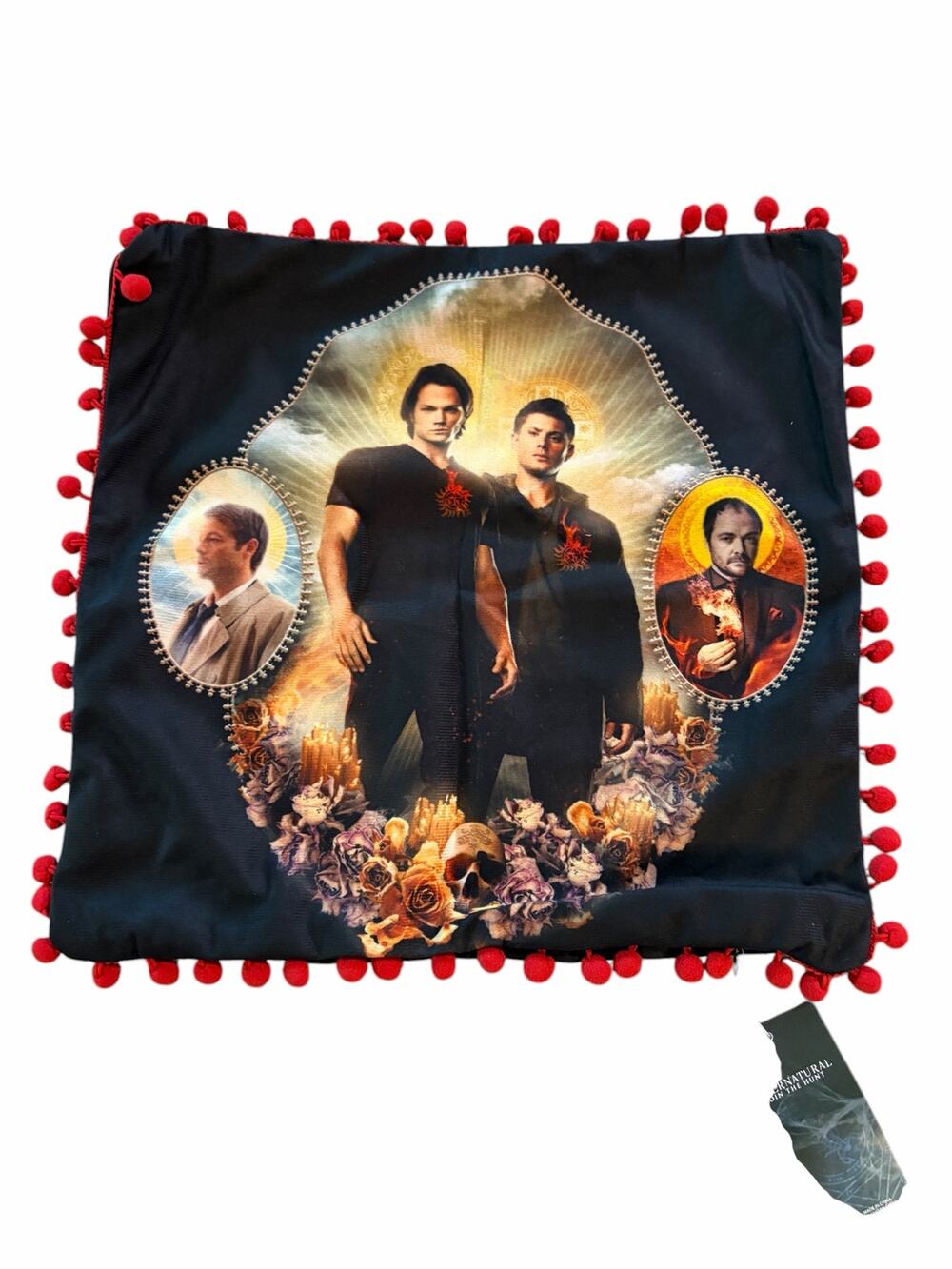 Supernatural Join The Hunt Throw Pillow Cover Velvet Red Pom Pom Trim NWT
